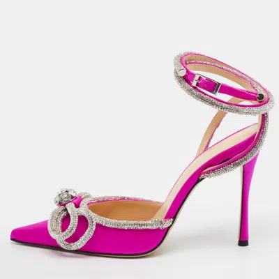 Pre-owned Mach&mach Size 37.5 Pink Satin Crystal Double Bow Ankle Wrap Pumps