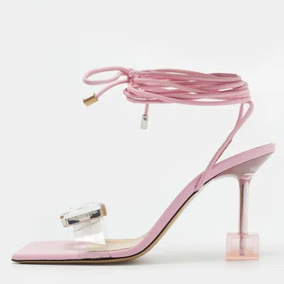 Pre-owned Mach&mach Size 38 Transparent/pink Leather And Pvc Crystal Square Ankle Wrap Sandals