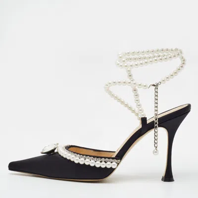 Pre-owned Mach&mach Size 39 Black Satin Faux Pearl Crystal Embellished Ankle Strap Pumps
