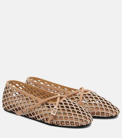 Mach&mach Sparkle Mesh Embellished Suede Ballet Flats In Nude