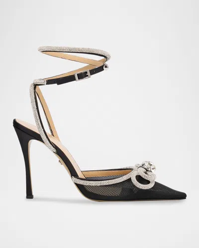 Mach&mach Strass Mesh Double Bow Ankle-strap Pumps In Black