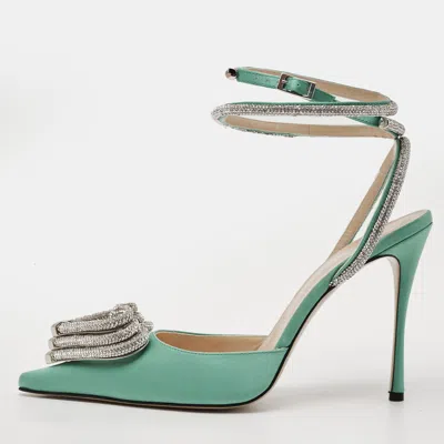 Pre-owned Mach&mach Triple Heart Crystal Embellished Size 41 Green Satin Ankle Wrap Pumps