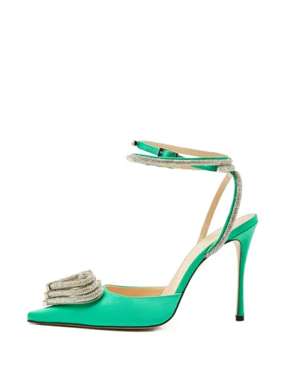 Pre-owned Mach&mach Triple Heart Satin Heeled Pumps In Green