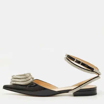 Pre-owned Mach&mach Triple Heart Size 37 Black Patent Leather Crystal Embellished Ankle Wrap Flats