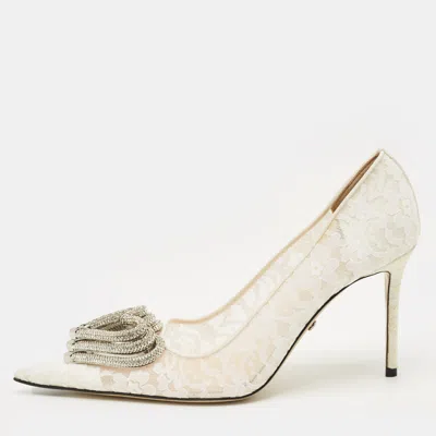Pre-owned Mach&mach White Mesh And Satin Triple Heart Pumps Size 39