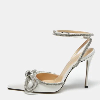 Pre-owned Mach&mach White Satin Crystal Embellished Double Bow Pumps Size 39