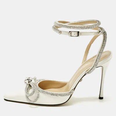 Pre-owned Mach&mach White Satin Double Bow Crystal Embellished Ankle Wrap Pumps Size 39