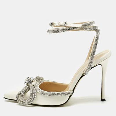 Pre-owned Mach&mach White Satin Double Bow Crystal Embellished Pumps Size 37