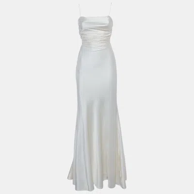 Mach&mach White Stretch Silk Draped Maxi Dress In Multi