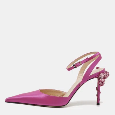Pre-owned Mach&mach Wonder Tulip Size 37 Fuchsia Satin Ankle Strap Pumps In Pink