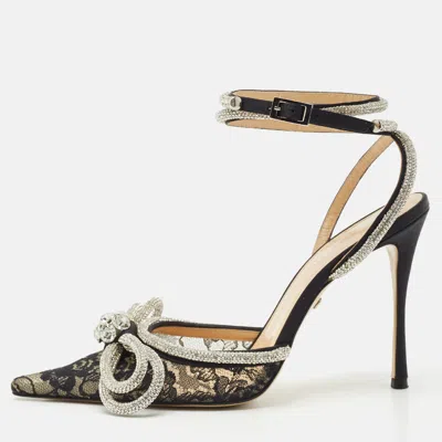 Pre-owned Mach&mach Black Satin Double Bow Crystal Embellished Ankle Strap Pumps Size 39