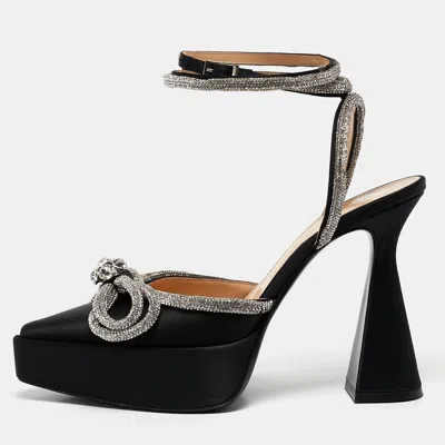 Pre-owned Mach & Mach Black Satin Double Bow Crystal Embellished Platform Pumps Size 39