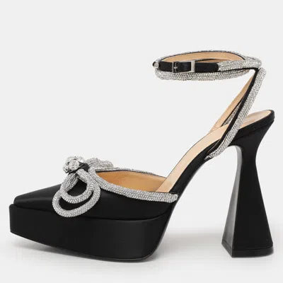 Pre-owned Mach&mach Black Satin Double Bow Crystal Embellished Platform Pumps Size 39