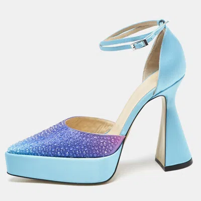 Pre-owned Mach&mach Blue Satin Galaxy Crystalized Platform Pumps Size 38.5
