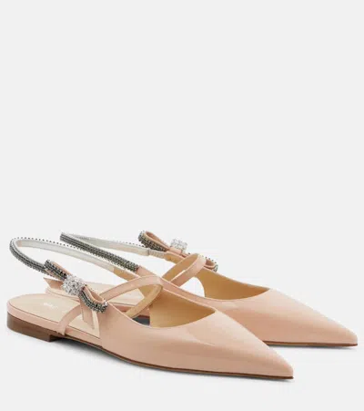 Mach & Mach Crystal Cube Patent Leather Slingback Flats In Beige