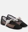 Mach&mach Crystal Flower Embellished Mesh Ballet Flats In Black