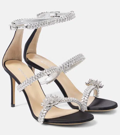 Mach&mach Crystal Flower Embellished Satin Sandals In Black