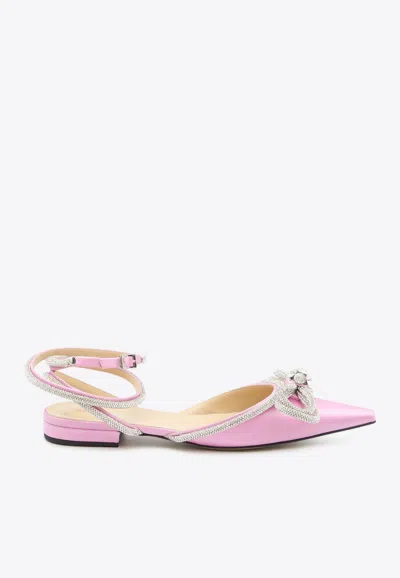 Mach & Mach Double Bow Satin Slingback Flats In Pink