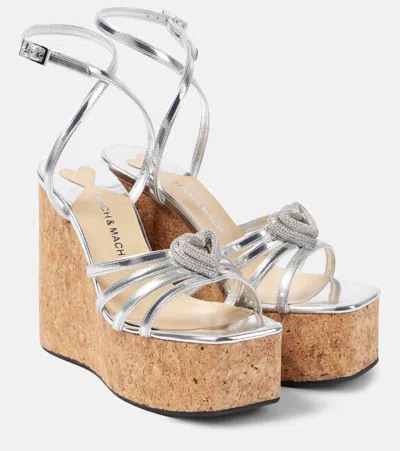 Mach&mach Double Heart Metallic Leather Sandals In Silver