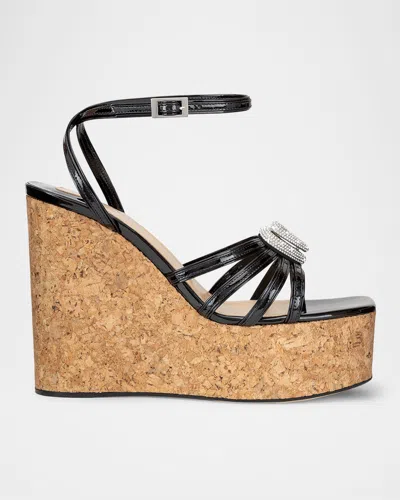 MACH&MACH DOUBLE HEART PATENT WEDGE SANDALS