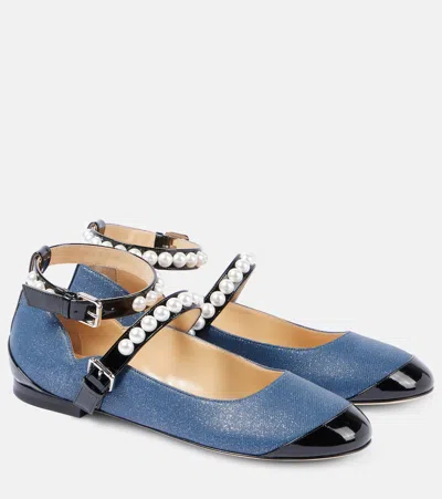 Mach & Mach Embellished Denim Mary Jane Flats In Blue