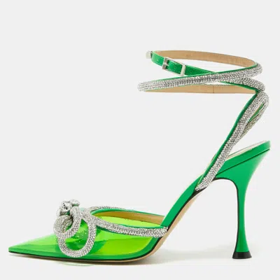 Pre-owned Mach & Mach Green Pvc Crystal Embellished Double Bow Ankle Strap Pumps Size 37