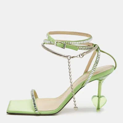 Pre-owned Mach&mach Green Satin Crystal Embellished Ankle Strap Sandals Size 37.5