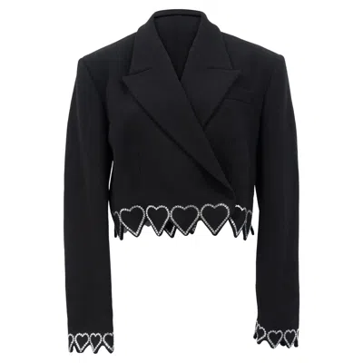 Mach & Mach Heart-shaped Crystal-trim Cropped Blazer In Black Wool