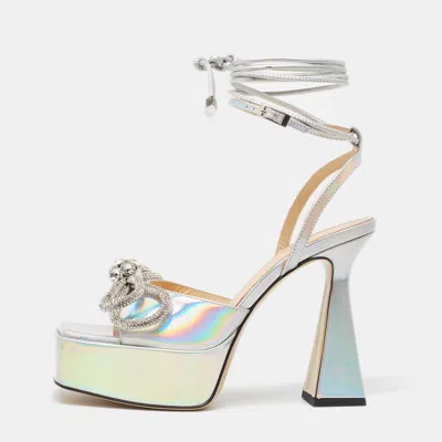 Pre-owned Mach & Mach Iridescent Leather Double Bow Platform Sandals Size 38.5 In Multicolor