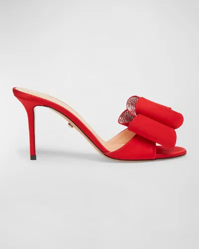 Mach&mach Le Cadeau Satin Crystal-bow Slide Sandals In Red