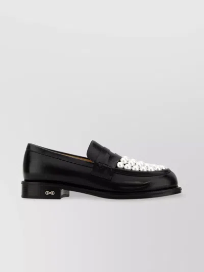 Mach&mach Leather Sirene Loafers With Pearl Embellishments In Black