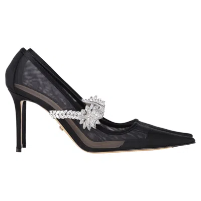 Mach & Mach Lotus Flower Heels In Black Mesh
