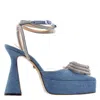 Mach&mach Open Box - Mach & Mach Denim Blue Crystal Triple Heart Platform Pumps In Blue