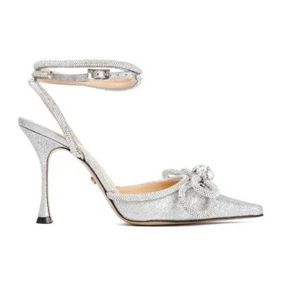 Mach&mach Double Bow Crystal-embellished Glittered Leather Point-toe Pumps In Silver