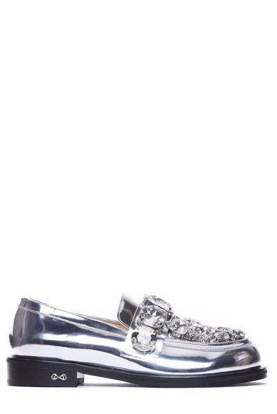 Mach & Mach Embellished Almond Toe Loafers In Silver