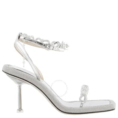 Mach & Mach Ladies Silver Crsytal Embellished Bow Chain Sandals In White