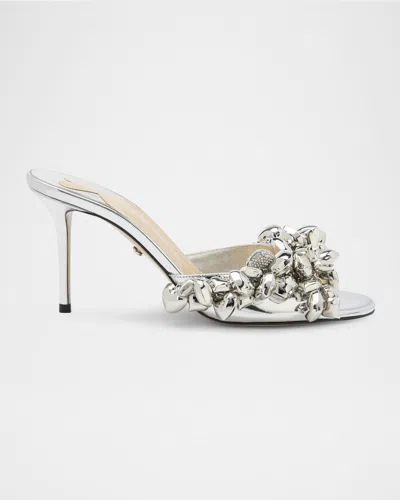 Mach&mach Metallic Heart Charms Mule Sandals In Silver