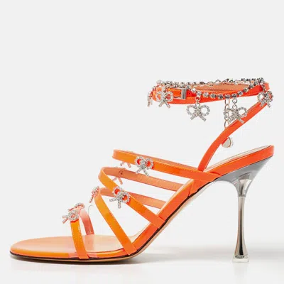 Pre-owned Mach & Mach Neon Orange Patent Leather Crystal Bow Camille Sandals Size 38