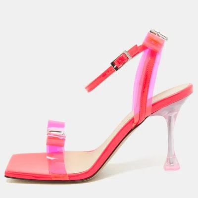 Pre-owned Mach&mach Neon Pink Pvc And Patent Leather French Bow Sandals Size 37.5