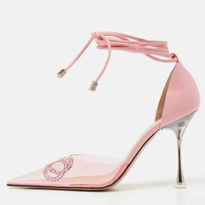 Pre-owned Mach&mach Pink Leather And Pvc Crystal Embellished Bow Ankle Tie Pumps Size 39