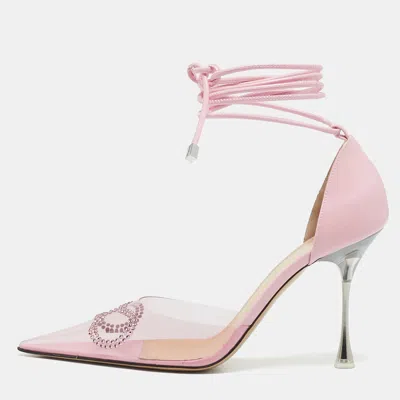 Pre-owned Mach&mach Pink Leather And Pvc Crystal Embellished Bow Ankle Tie Pumps Size 39.5
