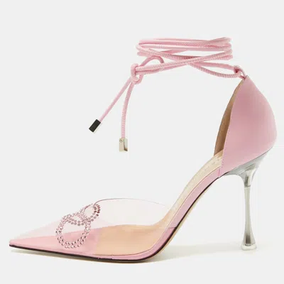 Pre-owned Mach & Mach Pink Leather And Pvc Crystal Embellished Pointed Toe Ankle Wrap Sandals Size 39