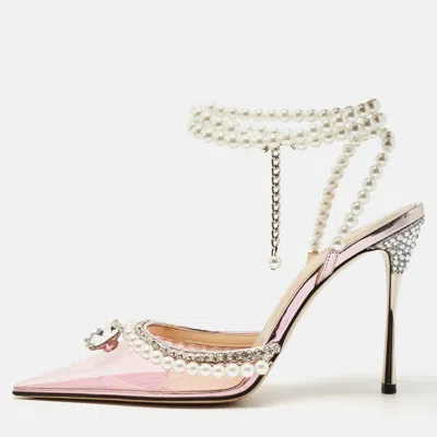 Pre-owned Mach & Mach Pink Pvc Crystal And Pearl Embellished Ankle Wrap Pumps Size 38