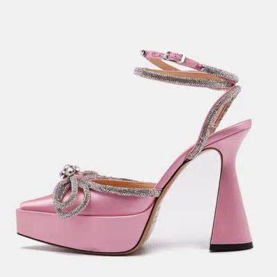 Pre-owned Mach&mach Pink Satin Crystal Embellished Double Bow Platform Pumps Size 38.5