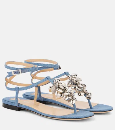 MACH&MACH PUFFY HEART EMBELLISHED DENIM THONG SANDALS