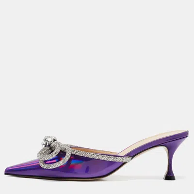 Pre-owned Mach&mach Purple Iridescent Leather Crystal Embellished Double Bow Mules Size 37