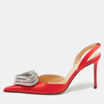 Pre-owned Mach & Mach Red Satin Triple Heart Slingback Pumps Size 37.5