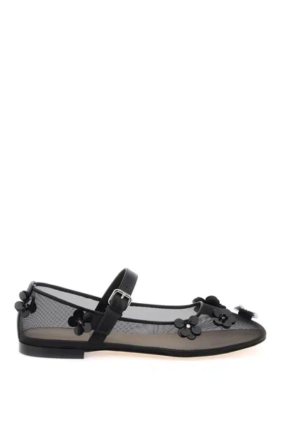 Mach & Mach Sequin Flower Mesh Ballet Flats In Black