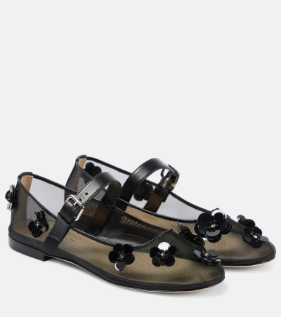 Mach & Mach Sequined Floral-appliqué Mary Jane Flats In Schwarz