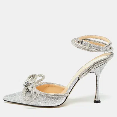Pre-owned Mach & Mach Silver Glitter Crystal Embellished Ankle Wrap Pumps Size 39